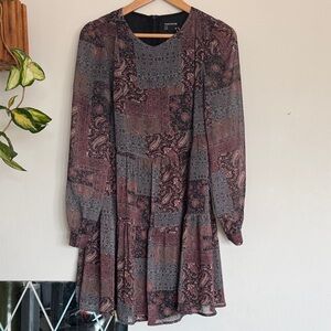 Frank & Oak Mauve and Slate Patchwork Paisley Long-Sleeve Mini Dress
